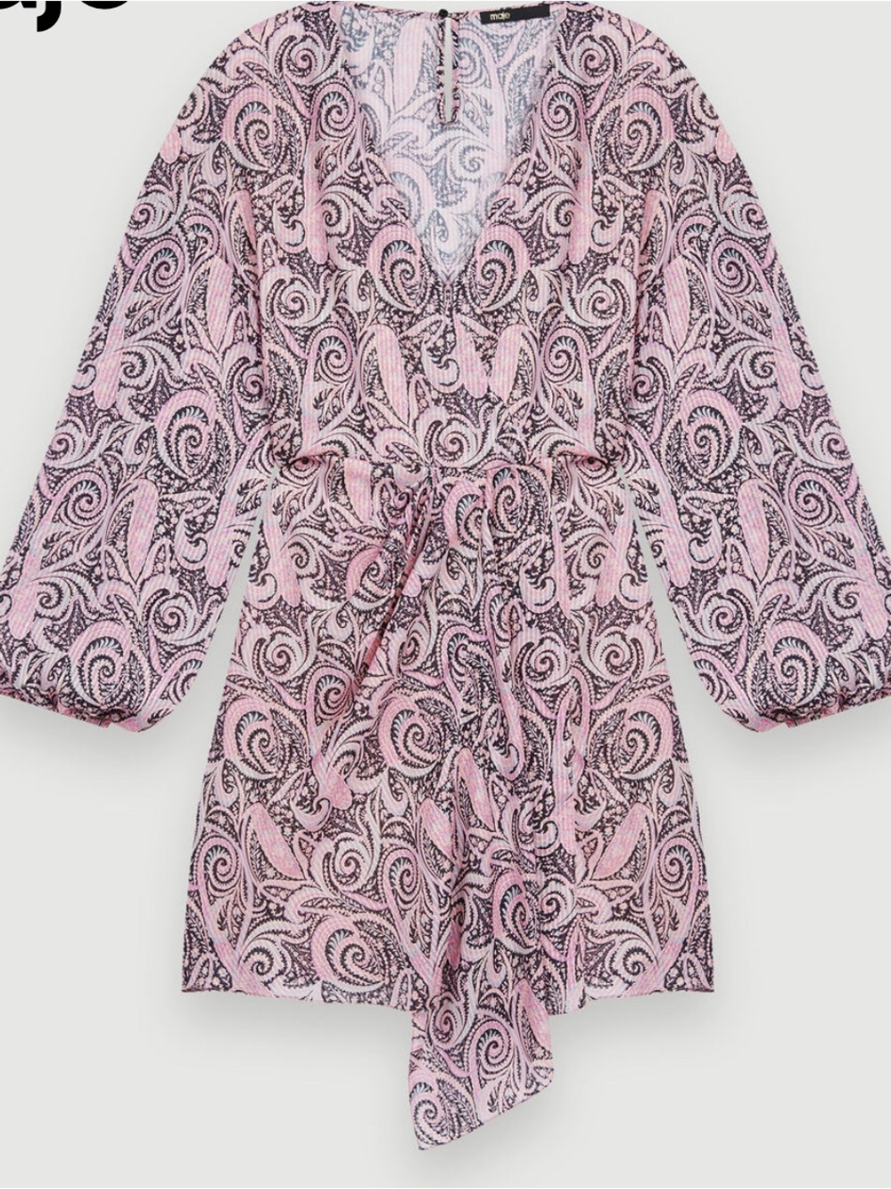 NWOT Maje Metallic Pink Paisley Wrap Tie-Waist Mini Dress Sz FR (34) US (0)